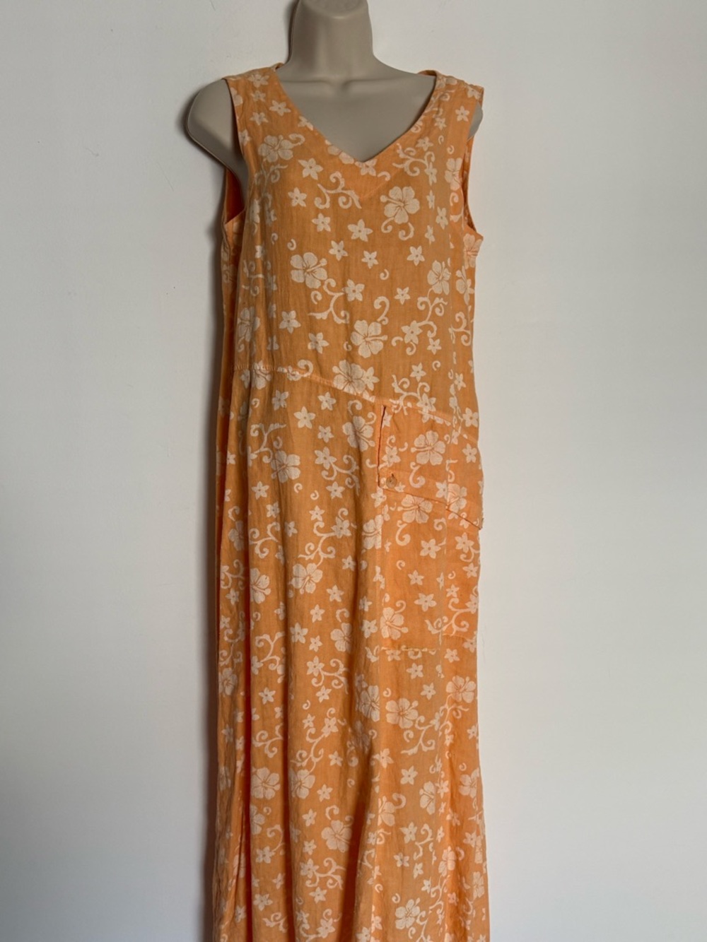 Vintage Dick & Jayne 100% Linen Orange Floral Maxi V Neck Sleeveless Dress Small